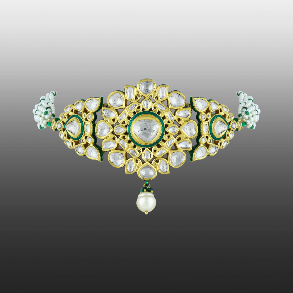 Floral Polki Choker with Green Enamel & Pearl Strands